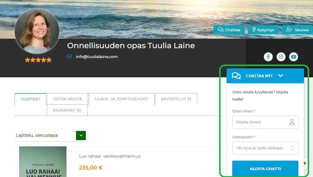 live chat ikkuna kauppasivu